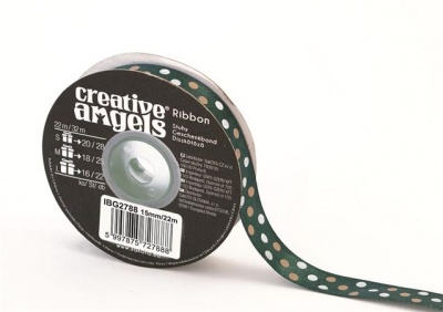 Szatén szalag, 15 mm x 22 m, sötétzöld vegyes pötyökkel