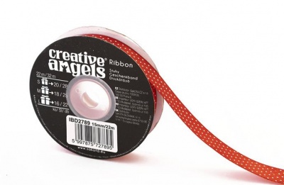 Szatén szalag, 15 mm x 22 m, piros fehér pötyökkel