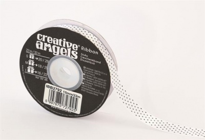 Szatén szalag, 15 mm x 22 m, fehér fekete pötyökkel